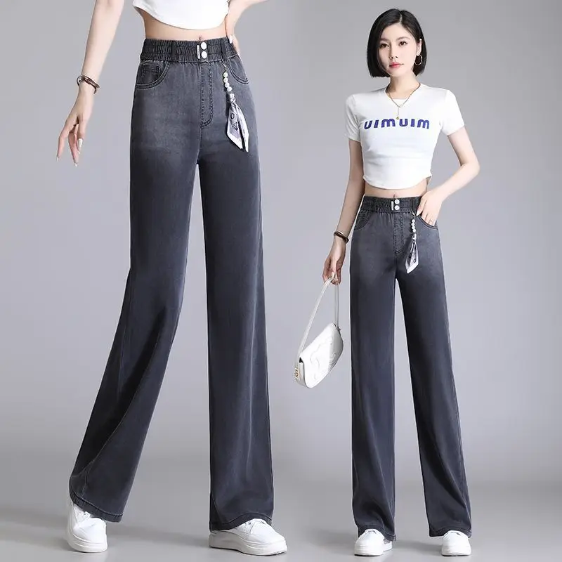 

Tencel Denim Wide-leg Pants Women Summer Thin New Elastic Famale High Rise Baggy Jeans Drop Retro Ice Silk Straight Leg Trousers