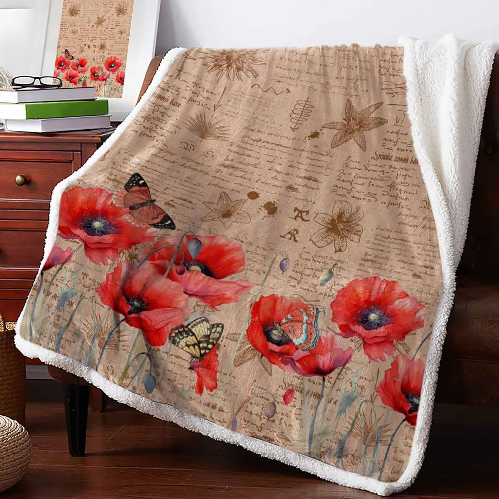 Poppy Flower Retro Butterfly Cashmere Blanket Warm Winter Soft Throw Blankets for Beds Sofa Wool Blanket Bedspread