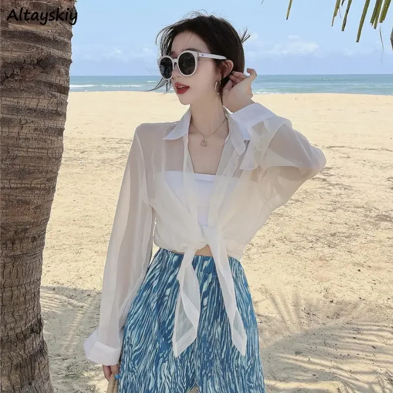 

Sun-proof Shirts Women Summer Thin Chic French Style Sexy Sheer Design Casual Vacation Simple All-match Cropped Clothing Mujer