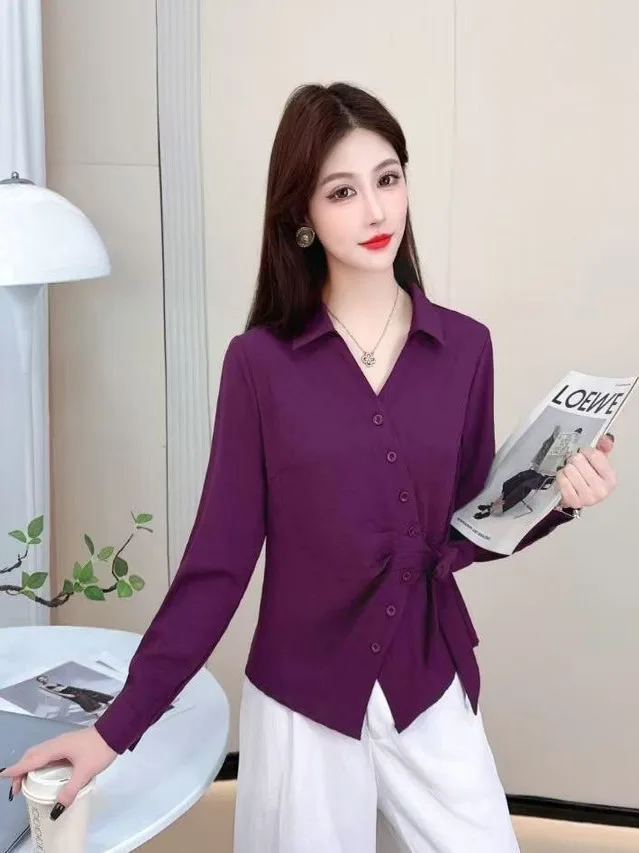 

Elegant Long Sleeve Shirt Waist Cinched Early Autumn Women's Fashion 2025 New Style Shirt Beautiful Small Top Polyester Material