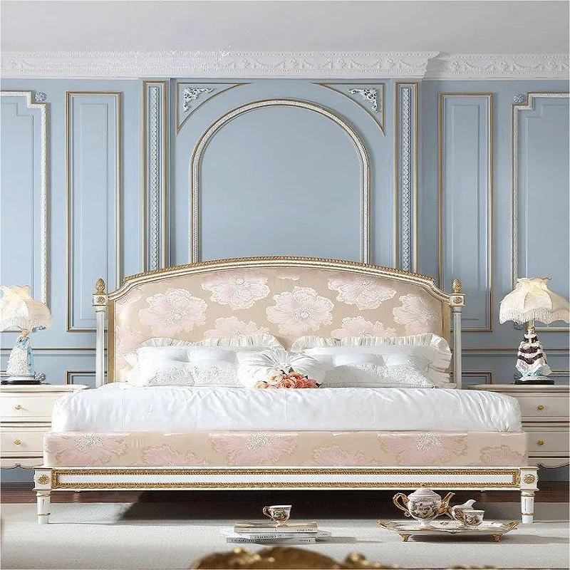 French Palace Fabric Double Bed Rococo Pink Beech Wedding Bed European Retro Master Bedding