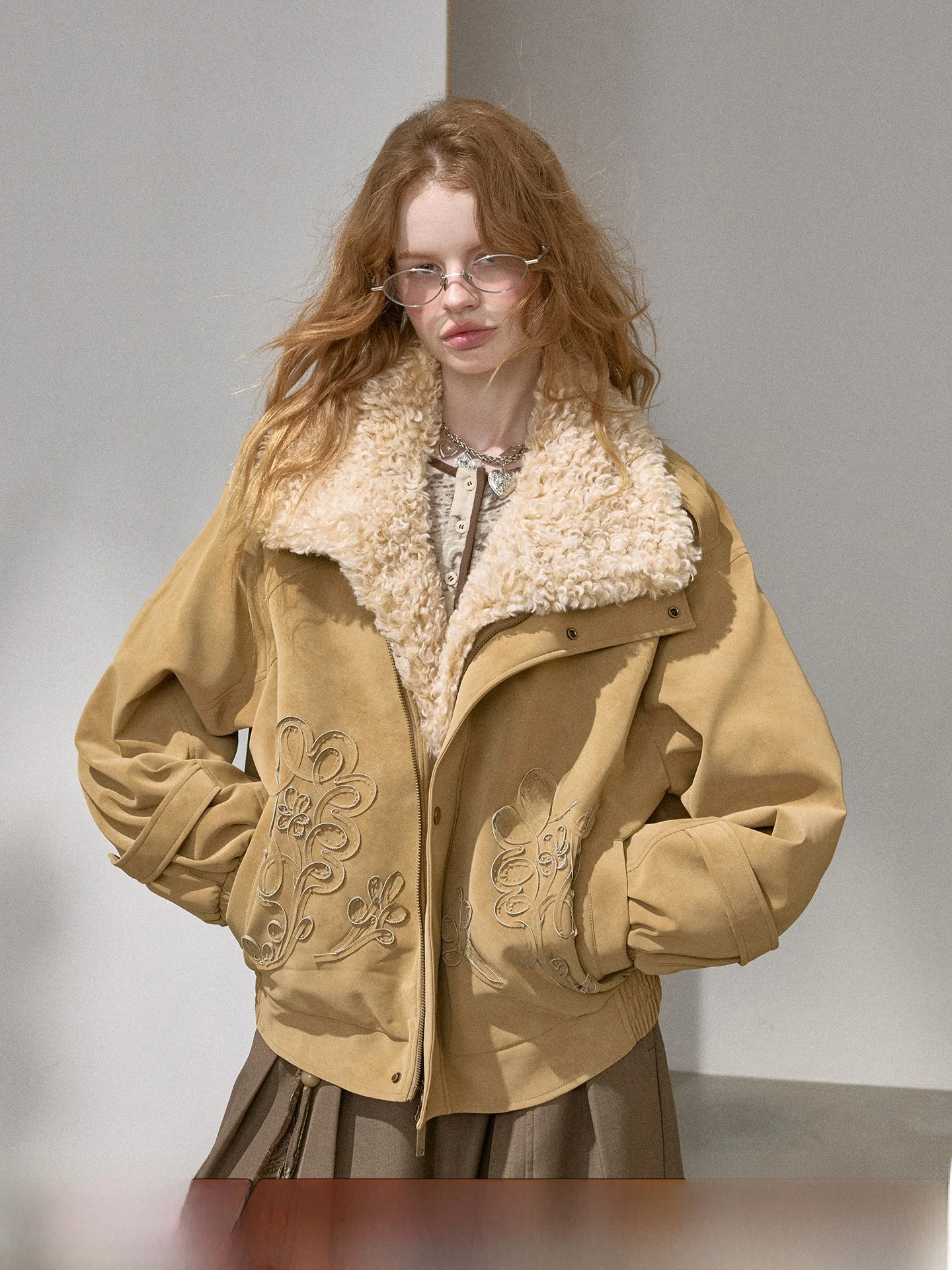 

DIDDI MODA Warmth Leather Jaet with Collar ort Sve Long Zipper Cotton Wool Trim Embroidery for Young Women Winter