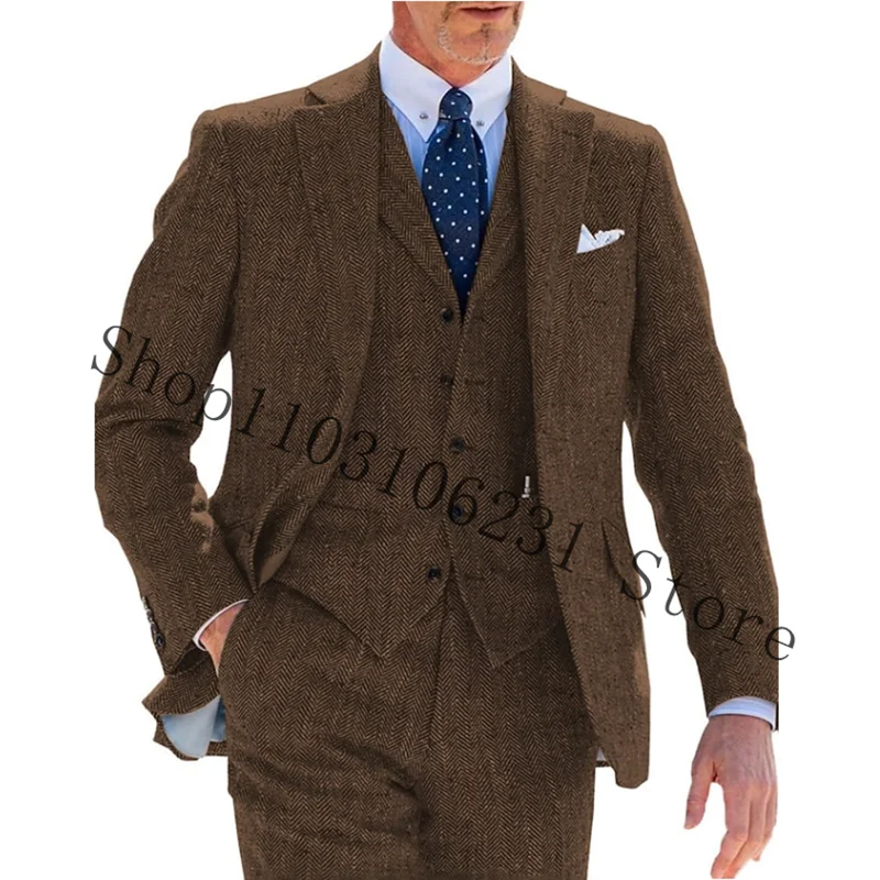 Men's Suit Business Slim Fit Jacket Vest Pants Three-Piece Set Herringbone Vintage Blazer Male Formal Suits Trajes De Hombre