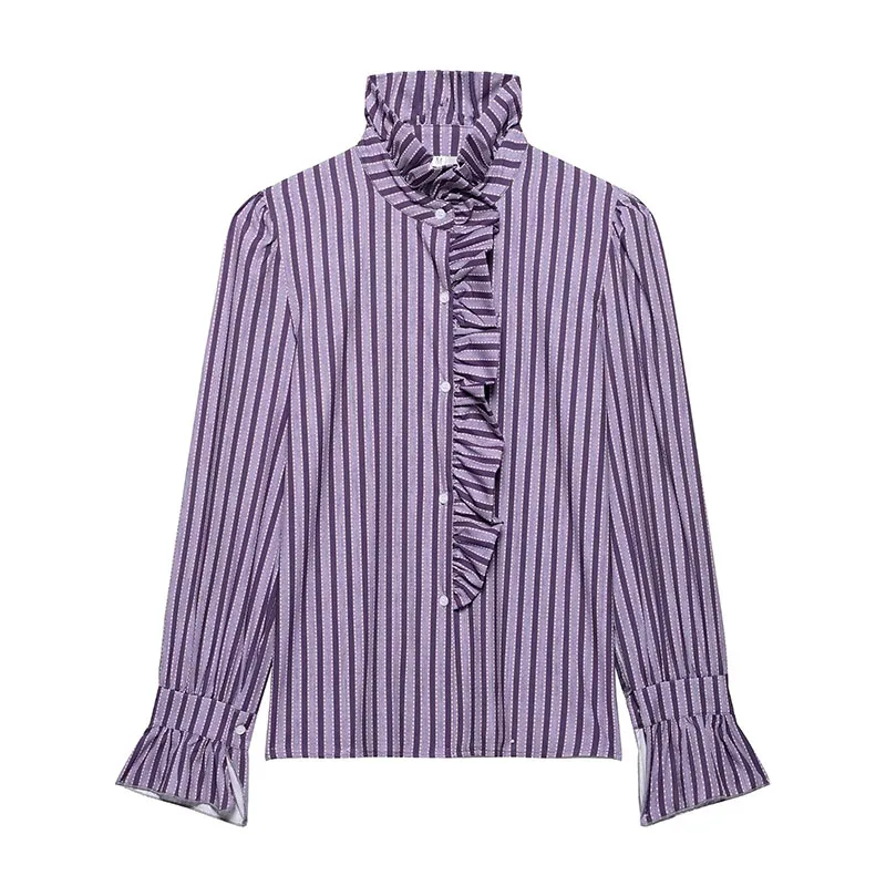 2025 New Women's Striped Shirts Basic Comfortable Versatile Temperament Long Sleeve Shirt Female Ruffles Tand-Up Collar Blouse