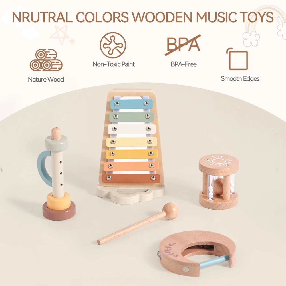 Hochet musical en bois pour bébé de 0 à 3 ans, jouets pour faire du son, instruments pour enfants