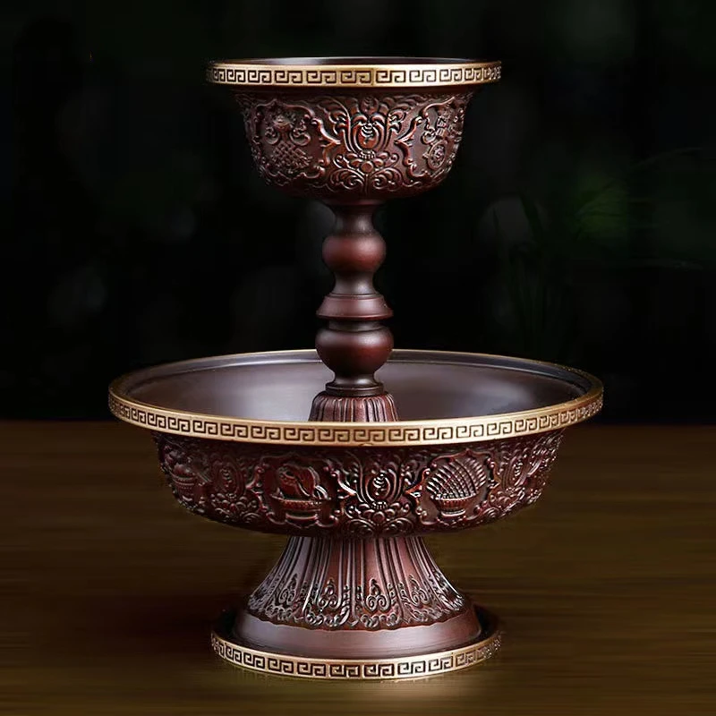 Chocolate Color Buddhist Tray Cup Copper Tantric Handicraft Embossed Tibetan Holy Water Plate Home Altars Desktop Decorative