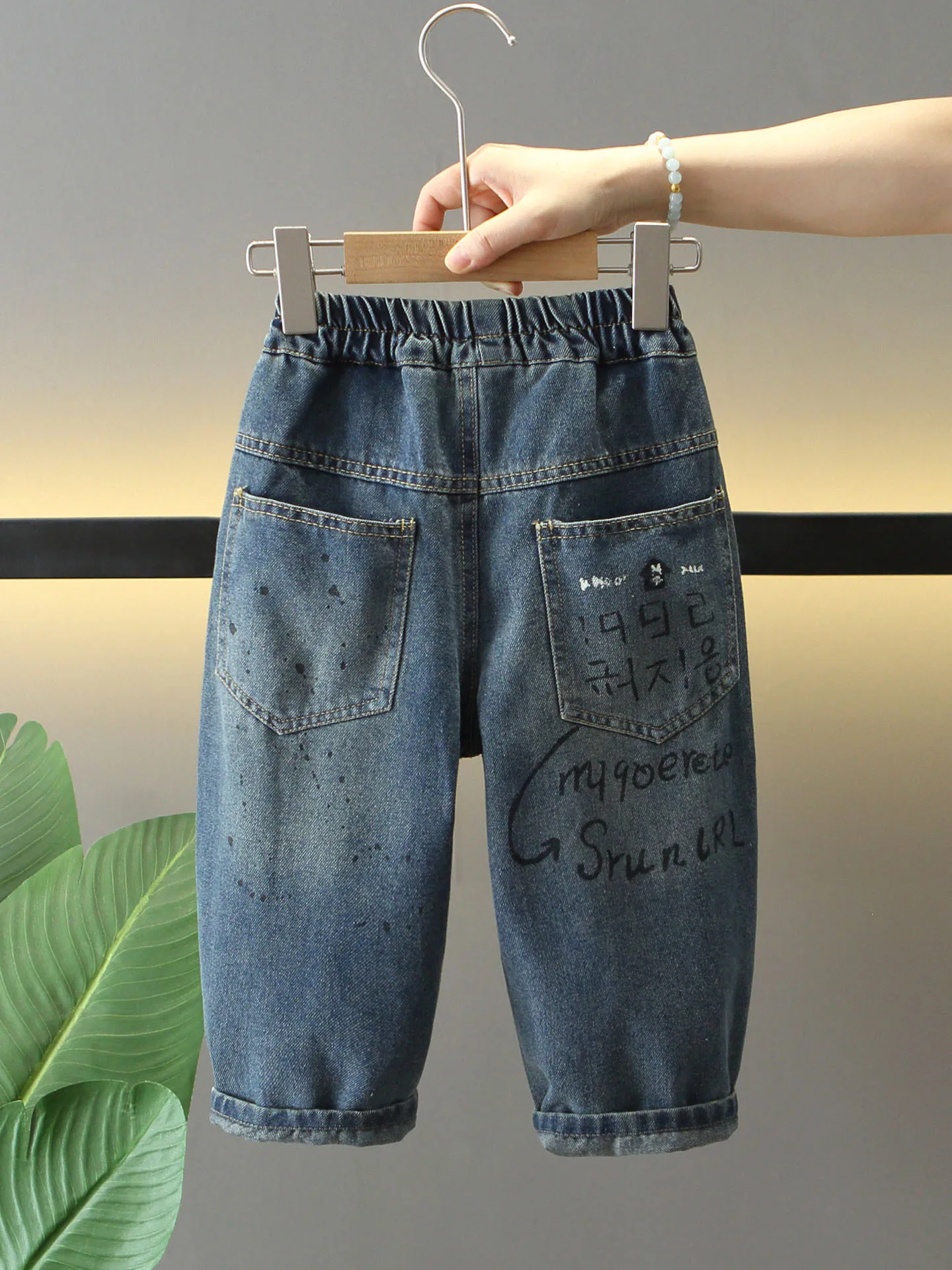 Casual Boys Jeans Classic Dark Blue Pants Ltter Printing Children Dime Pants Spring Autumn Teen Patchwork Trousers 2-11 Years