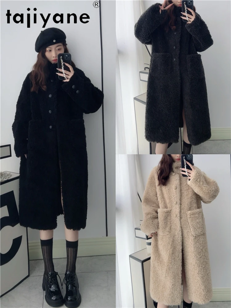 معاطف من الصوف الطبيعي 100% من TAJIYANE للنساء على الطراز الكوري سترة طويلة للقص 2025 ملابس خارجية شتوية ملابس نسائية
