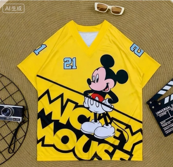 

Спортивная футболка с рисунком Микки Мауса, модная уличная одежда с V-образным вырезом, летняя женская повседневная футболка с короткими рукавами для отдыха