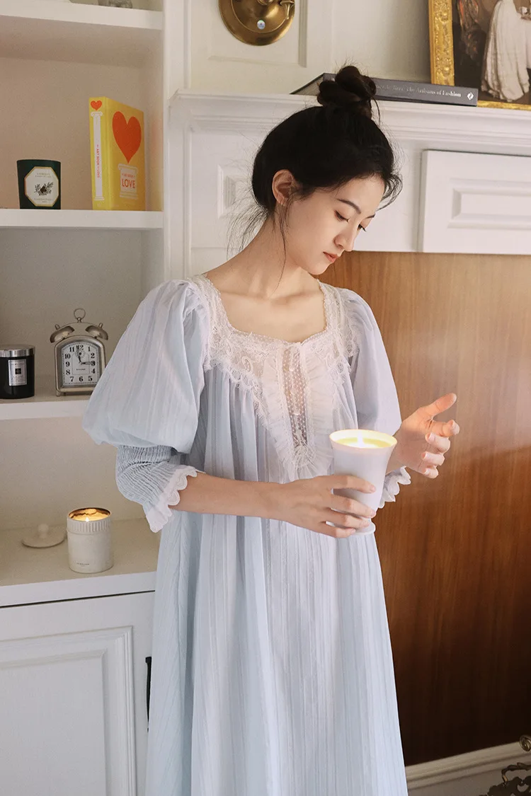 Women\'s Princess Nightdress Three Quarter Sleeve Ladies Fairy Sleepwear Mesh Spring Summer Nightgowns Vintage Homewear Female