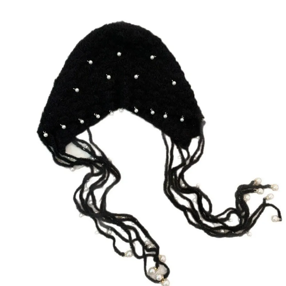 Retro Hollow Out Knitted Pullover Hat Stretchable Winter Warm Fringed Beanie Cap Pearl Tassel Pendant Headband Hat for Women