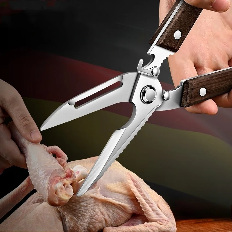 Premium Kitchen Scissors Wooden handle Stainless Steel powerful Chicken Scissors Bone Cutting Scissors Tool