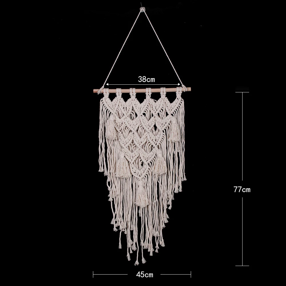 Macrame Boho Wall Hanging Decor, Woven Tapestry Chic Cotton Handmade Bohemian Art with Long Tassel for Home