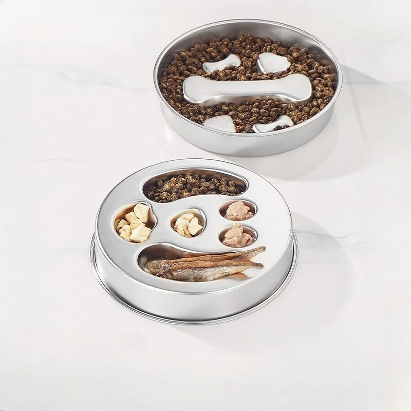 

Stainless steel slow eating bowl with anti-slip feature for pets preventing the bowl from tipping over during use