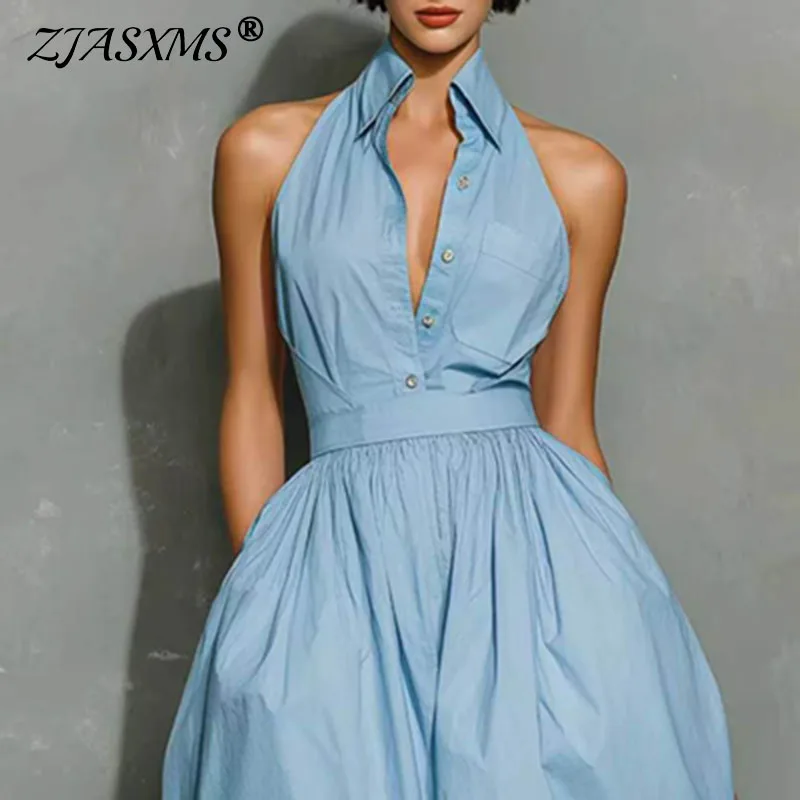 Französisches Elegantes Maxikleid mit Reverskragen und Knöpfen für Damen, Frühling, Einfarbig, Hohe Geraffte Taille, Langes Kleid, Sommer, Ärmellos, Locker, Boho-Stil