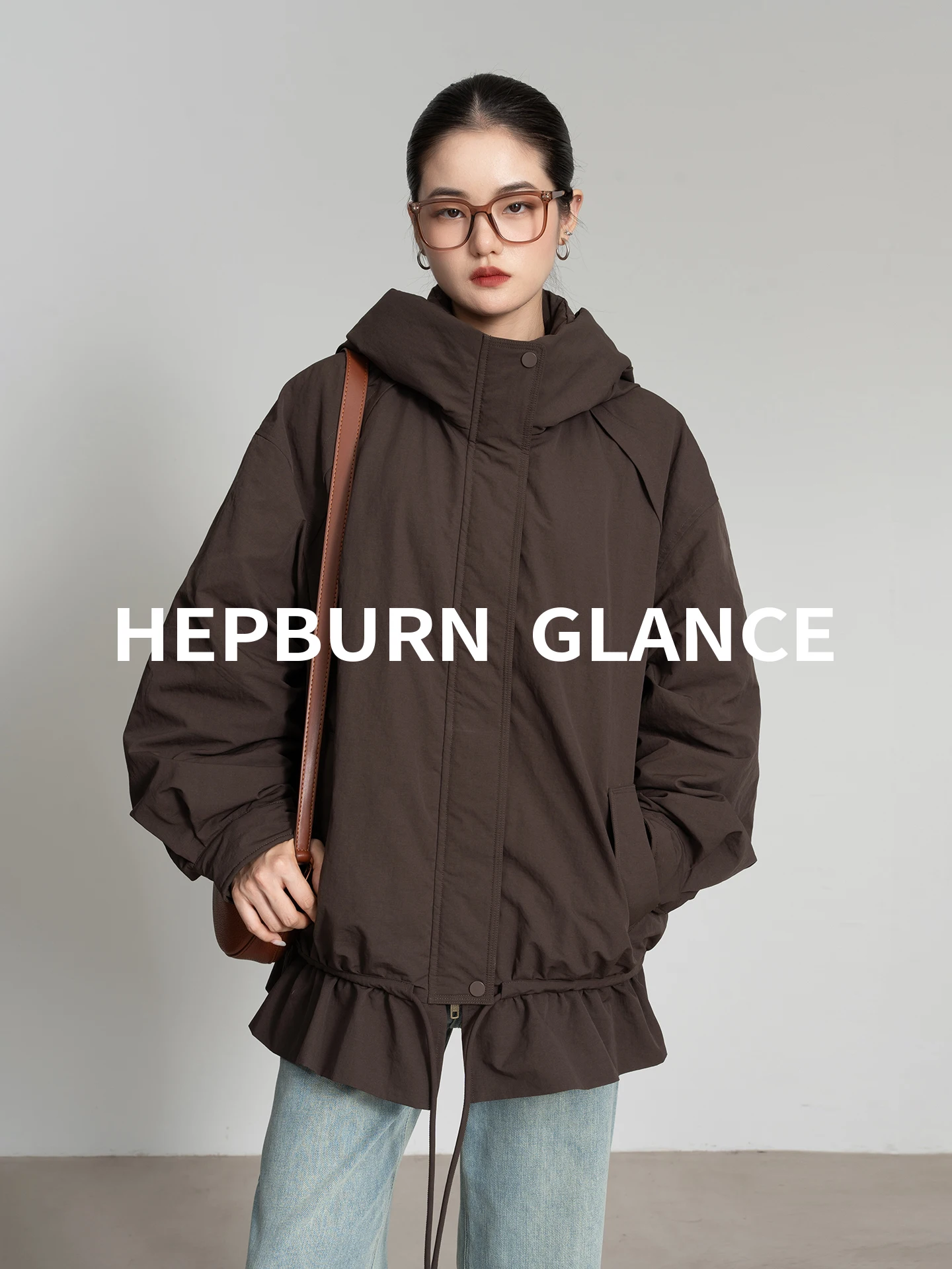 

Hepburn Glance Women's Puffer Jaet White Du down Hooded Loose Fit Mid-Length Flounce Hem Warm Outerwear Casual Sle