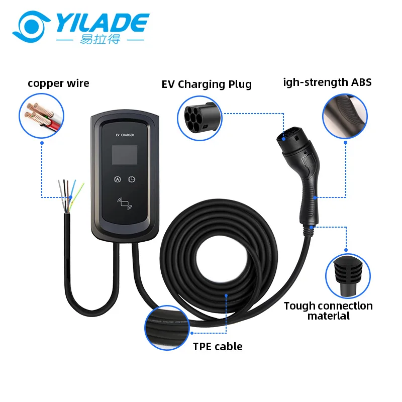 EV 충전기 벽 마운트 타입 1 2 32A 월박스 RFID 카드 제어 전기 자동차 충전 스테이션, IEC 62196-2 5M 케이블, 7.2KW, 250V