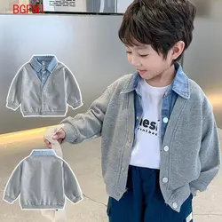 Children's clothing for boy Coat Spring Autumn Jacket Denim collar Patchwork top Fake two shirts Kids Outerwear 2-9 Y