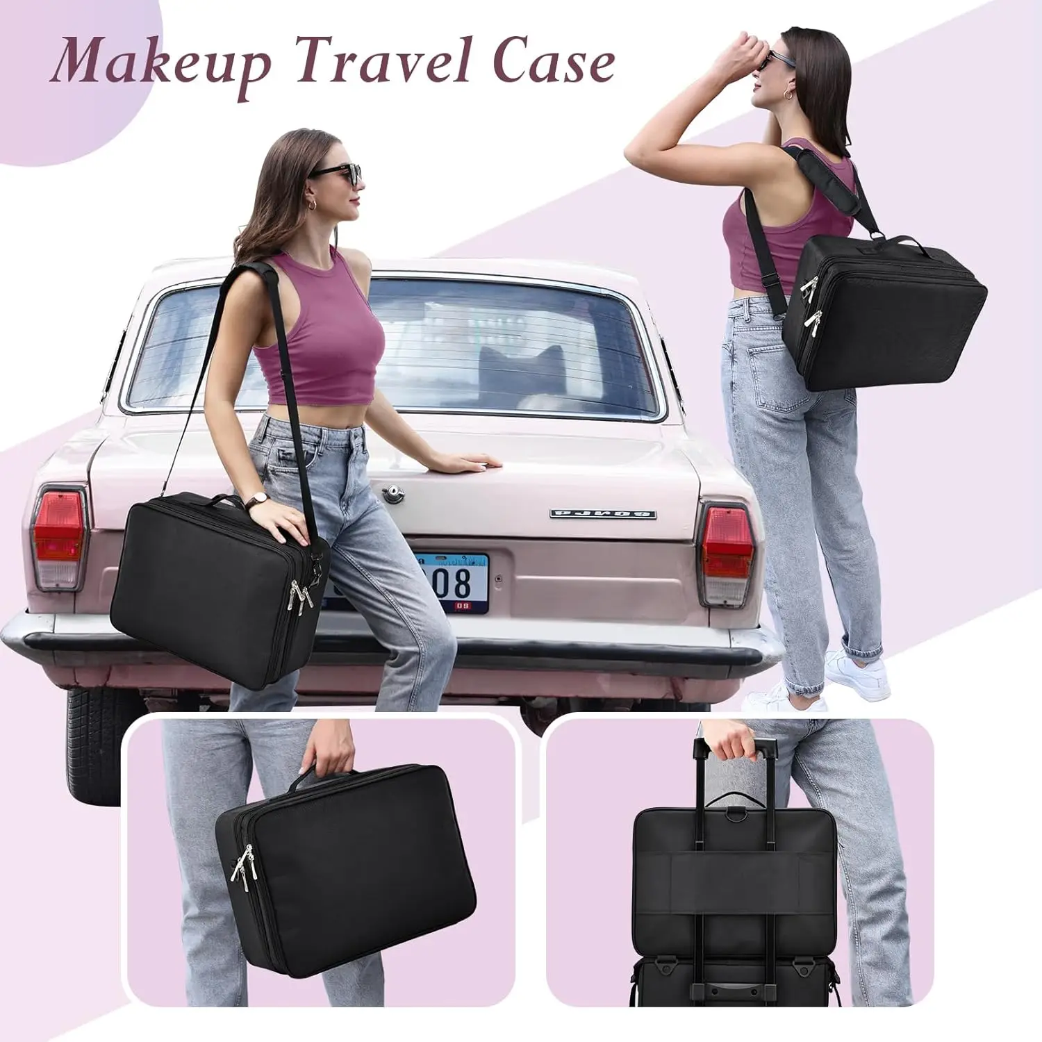 Extra Large Professional Makeup Case Make up Train Case, 3 Layers Makeup Bag Nail Cases Organizer Box with Mirror Shoulder Strap