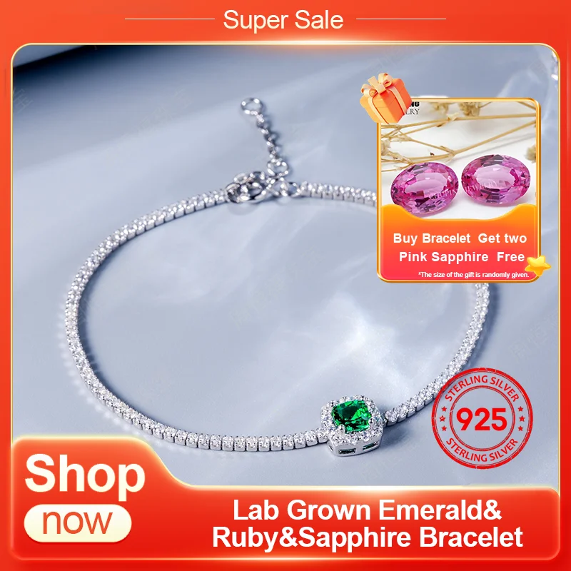 

ChuPing модные ювелирные изделия, выращенный в лаборатории изумруд, рубин и сапфир, теннисный браслет, огранка подушки 5*5 мм, серебро S925 для женщин, наряды