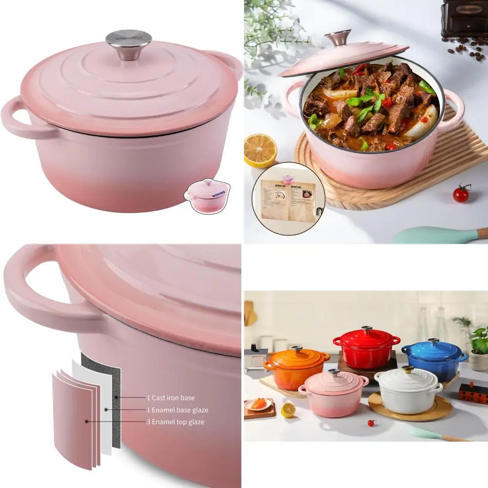 

Pink Heavy-Duty 5.5QT Enamel Cast Iron Dutch Oven Pot with Lid for Bread Baking, Braising, Stews, and Roasting - Perfect for Hom