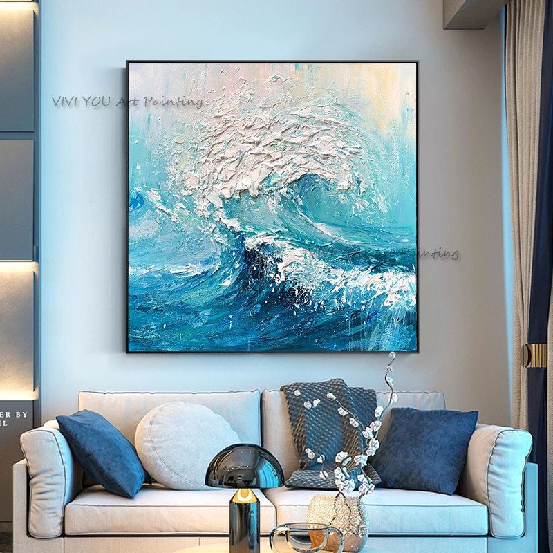 

Handpainted Blue Beach Theme Painting Modern Seascape Oil Painting Waves Landscape Ocean Painting On Canvas Wall Art