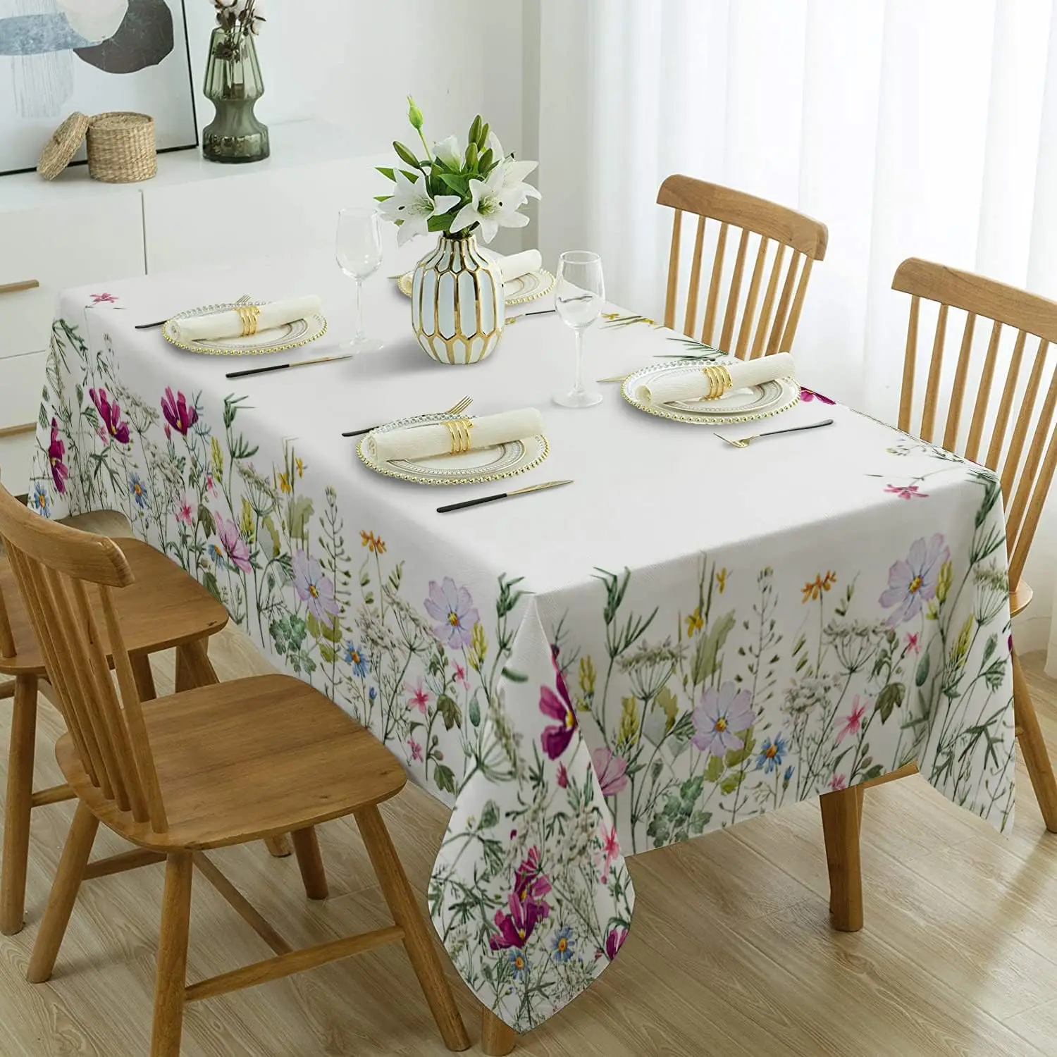 Spring Plant Wildflower Flower Rectangle Waterproof Tablecloth Party Decor Reusable Kitchen Dining Tablecloth Wedding Decoration