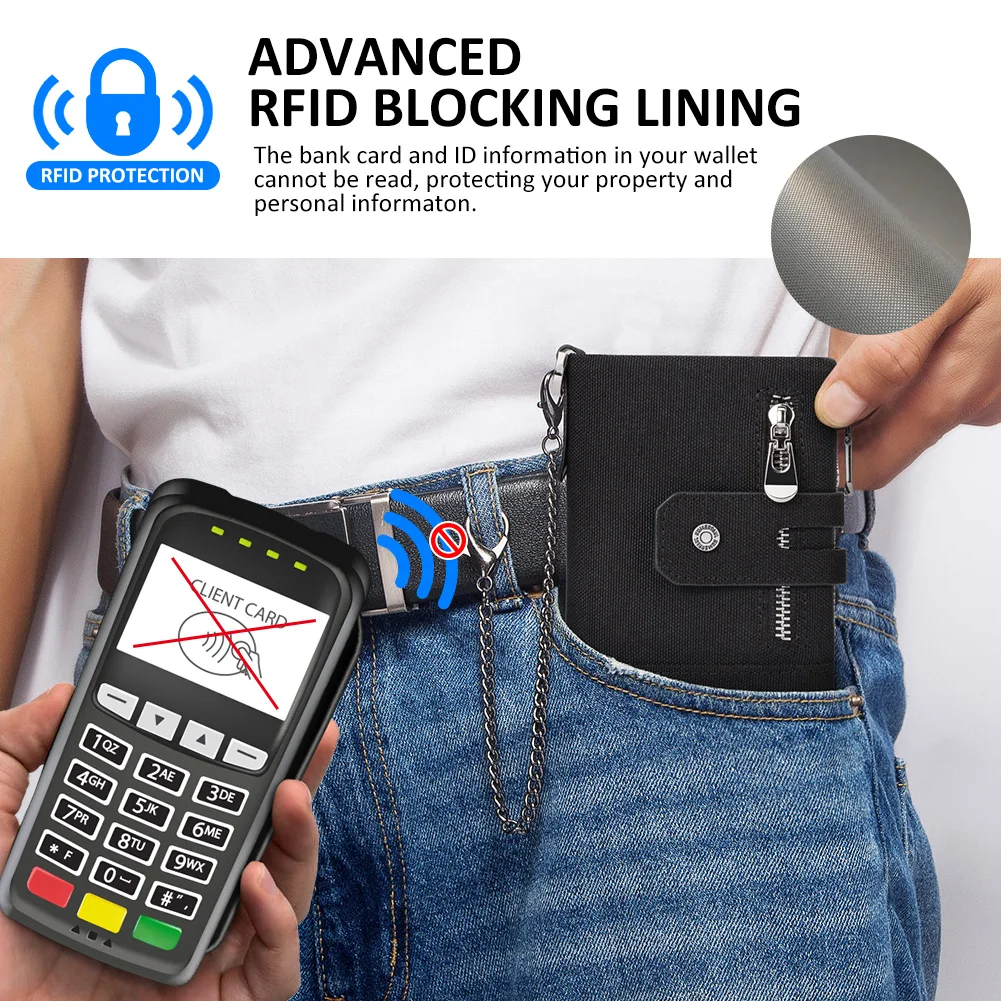 Oxford Wallet for Men RFID Credit Cards Holder High Quality Male Zipper Coin Pocket Money Bag with Anti-lose Chain Luxury