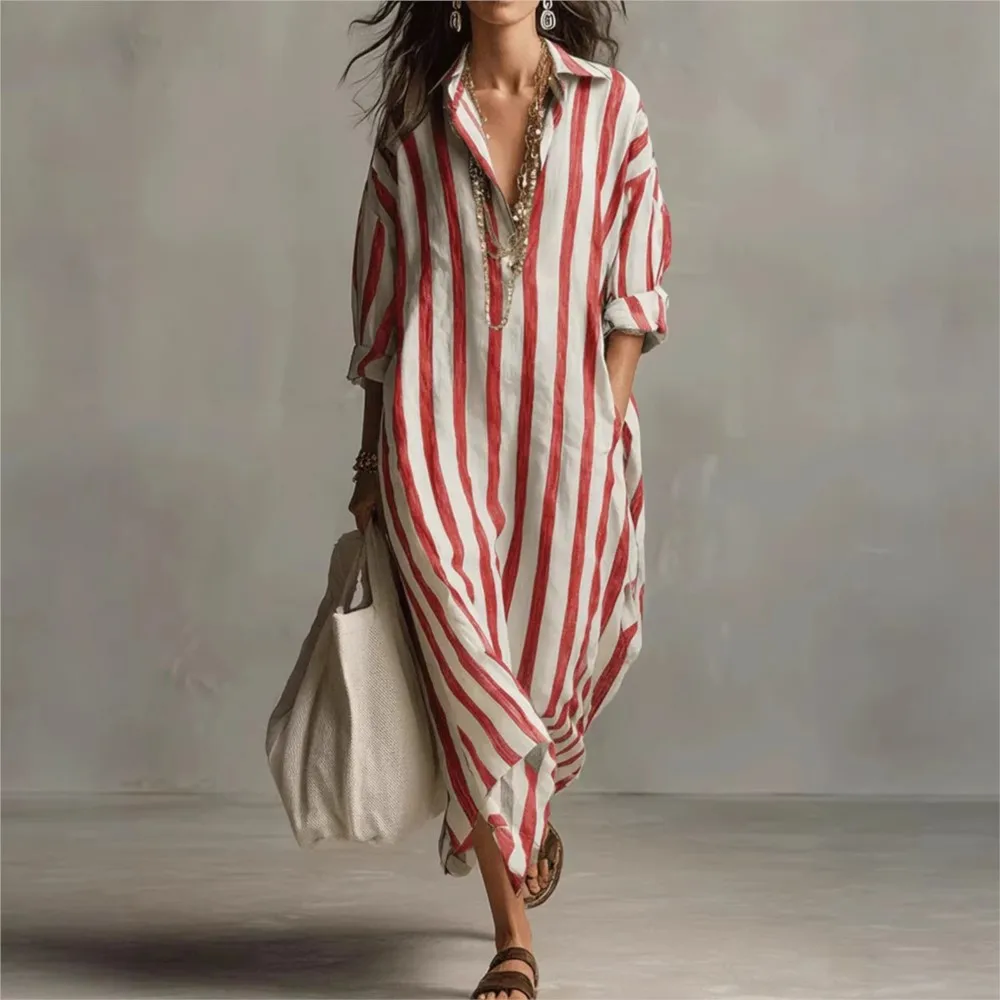Spring Summer Deep Vneck Printed Striped Long-sleeved Shirt Women's Dress Casual Loose Pocket Vacation Pullover Long Shirt Dress