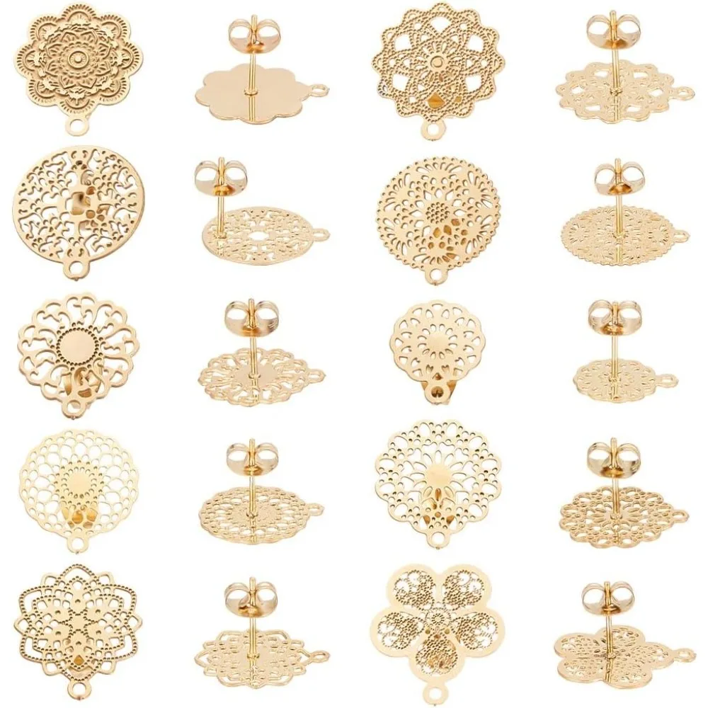 

20pcs 10 Styles 0.85mm Pin 304 Stainless Steel Flower Stud Earrings with Loop Bohemian Hollow Flat Filigree Earrings Posts