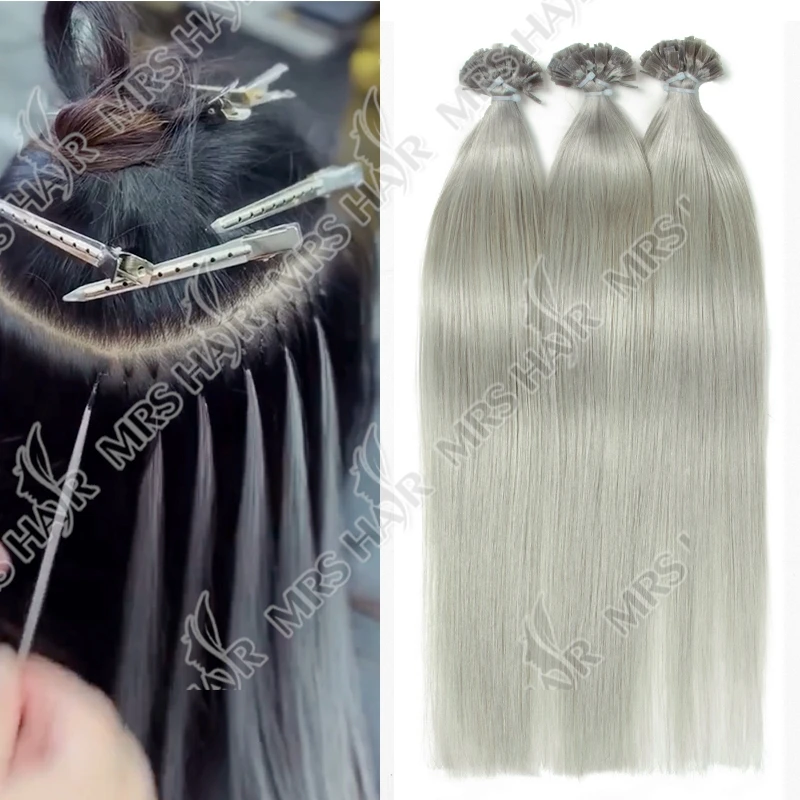 Custom Flat Keratin Tip Human Hair Extensions Hot Fusion Hair 12 16 20 Inches SILVER Ash Grey Blonde 50strands 30-50g/pack