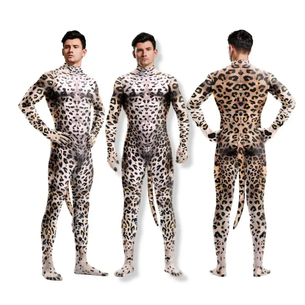 Halloween Cheetah Animal Costume with Tail Crotch Zipper Role Playing One-piece Bodysuit Unisex Leopard Print Clothes Bodysuits