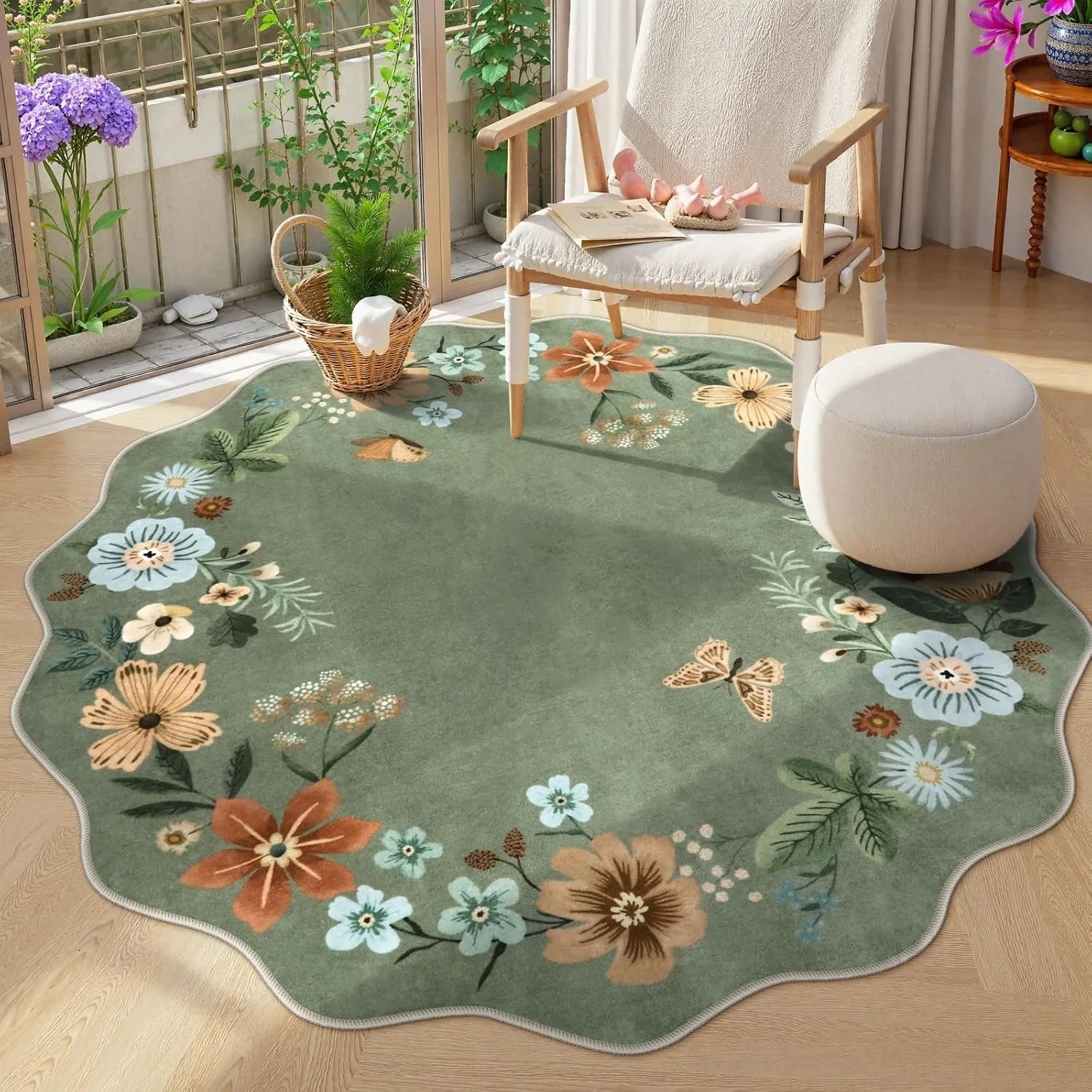 Living Room Carpet Machine Washable Non-slip Soft Floor Mat Bohemian Style Floral Pattern Rug Irregular Shaped Home Decor Mats