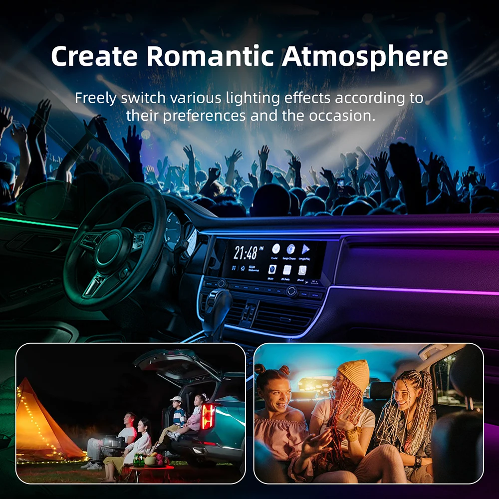 RGB LED Car Ambient Light Interior Symphony 256 Full Color Streamer Hidden Acrylic Strip Decoration Atmosphere Lamp Universal