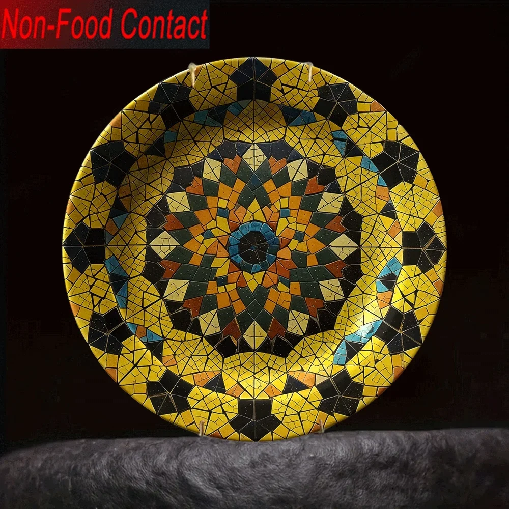 1pc Hand-Painted-Look Ceramic Mosaic Plate - Multicolor (Turquoise, Golden, Black, White, Brown) Round Non-Food Contact Serving