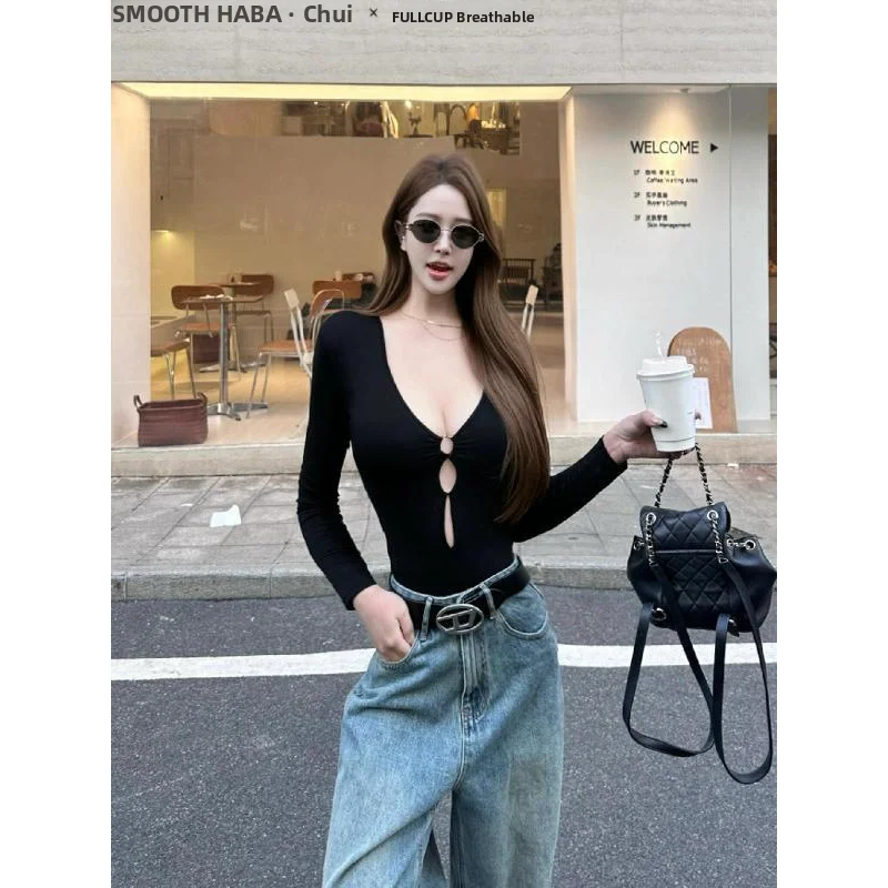 

Sexy Hollow out Bla V-Ne High Waist One-Piece Long Sve T-irt Women's Unique Design Slim Fit Inner Wear Underwear