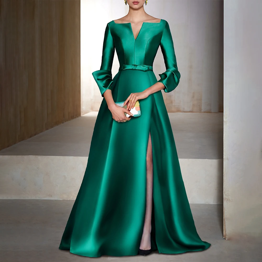 Emerald Green Satin Formal Dresses for Women 3/4 Sleeves A Line Elegant Evening Gowns Long Side Split V Neck Belt Evening Dress