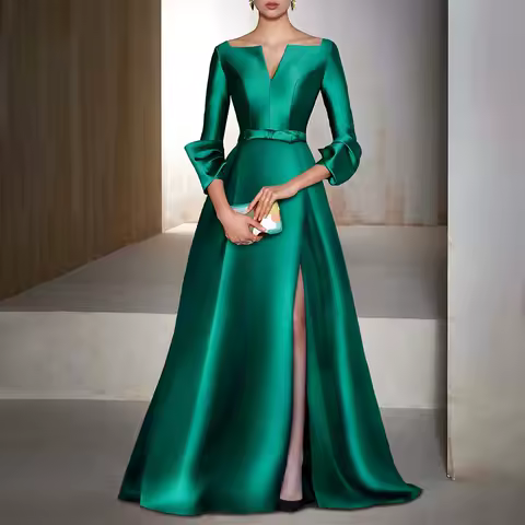 Emerald Green Satin Formal Dresses for Women 3/4 Sleeves A Line Elegant Evening Gowns Long Side Split V Neck Belt Evening Dress