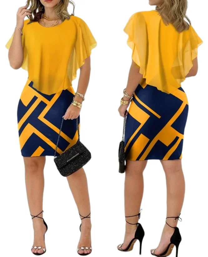 

Women's Elegant Dress Geometric Print Ruffle Hem Bodycon Mini Dress 2024 Summer Latest Round Neck Short Sleeve Skinny Skirt