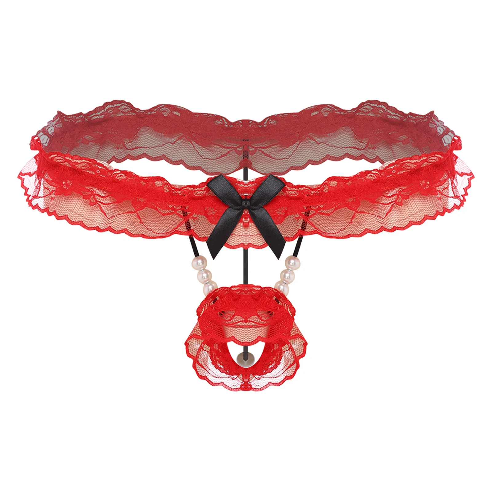 Mens Sissy Floral Lace Low Rise Thongs Briefs with Faux Pearls Hollow Out Sheath T-back G-string Panties Underwear Nightwear
