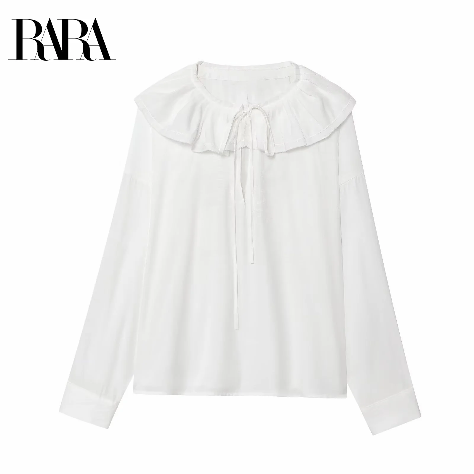 

RARA2025 Womens Summer New Style Ruffle Collar Decor Casual Elegant Sweet Round Neck Long Sleeve Blended Shirt