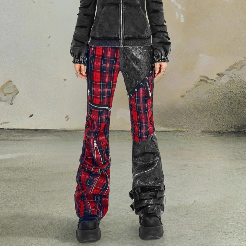 Punk Street Leather Black Red Plaid Street Slim Fashion Trousers Spring Autumn Personalized Girl Versatile High Waist Trouserses