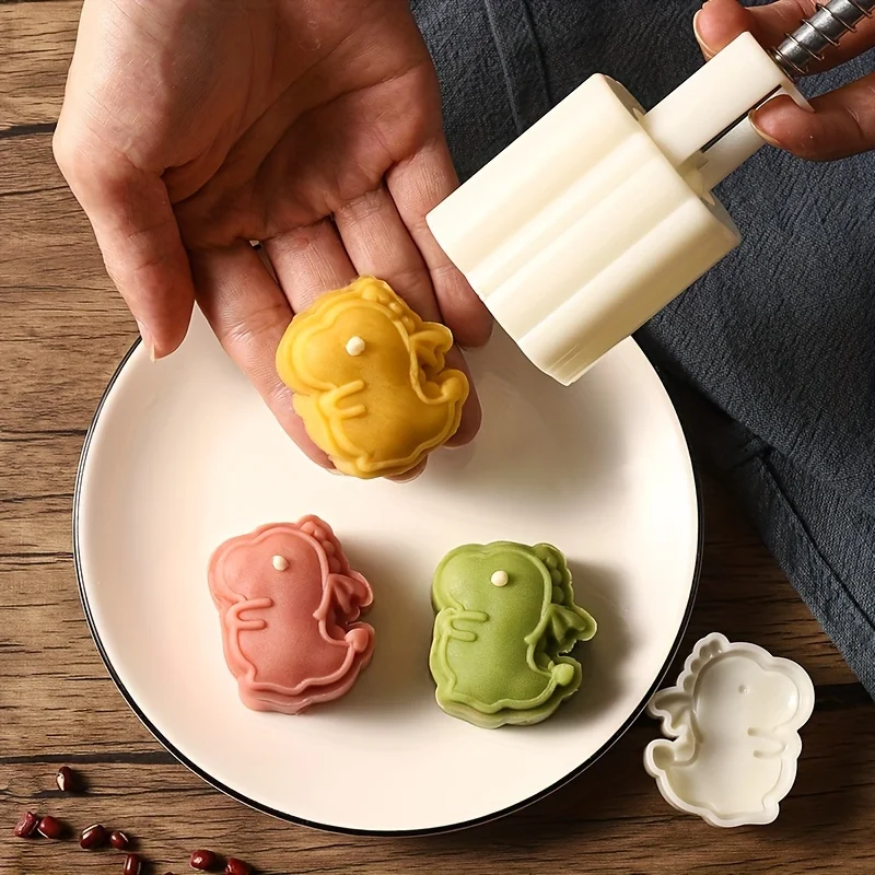 Cute Dinosaur Shape Pastry Mold,Including 1 Mold And 2 Stamps,DIY Hand Press Moon Cake Stamps,Mung Bean Cake,Cookie,Cake Mold