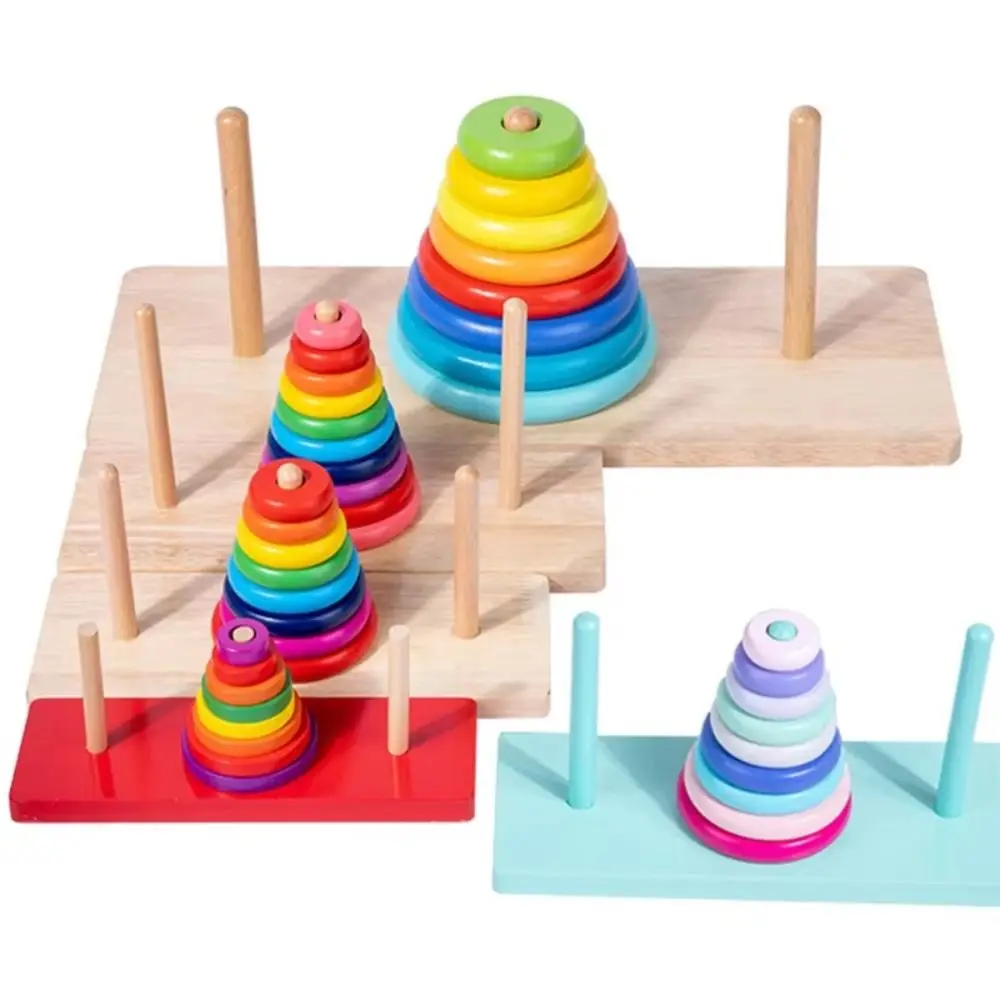Torre Hanoi de Material de madera, diseño clásico con caja de almacenamiento, colores arcoíris de madera Montessori, entrenamiento de Motor fino