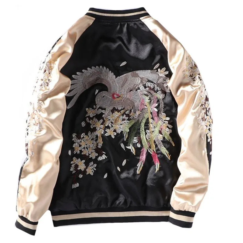 Yokosuka Embroidery Baseball Jacket Men Women Patchwork Color Silk Double Sided Bomber Coat