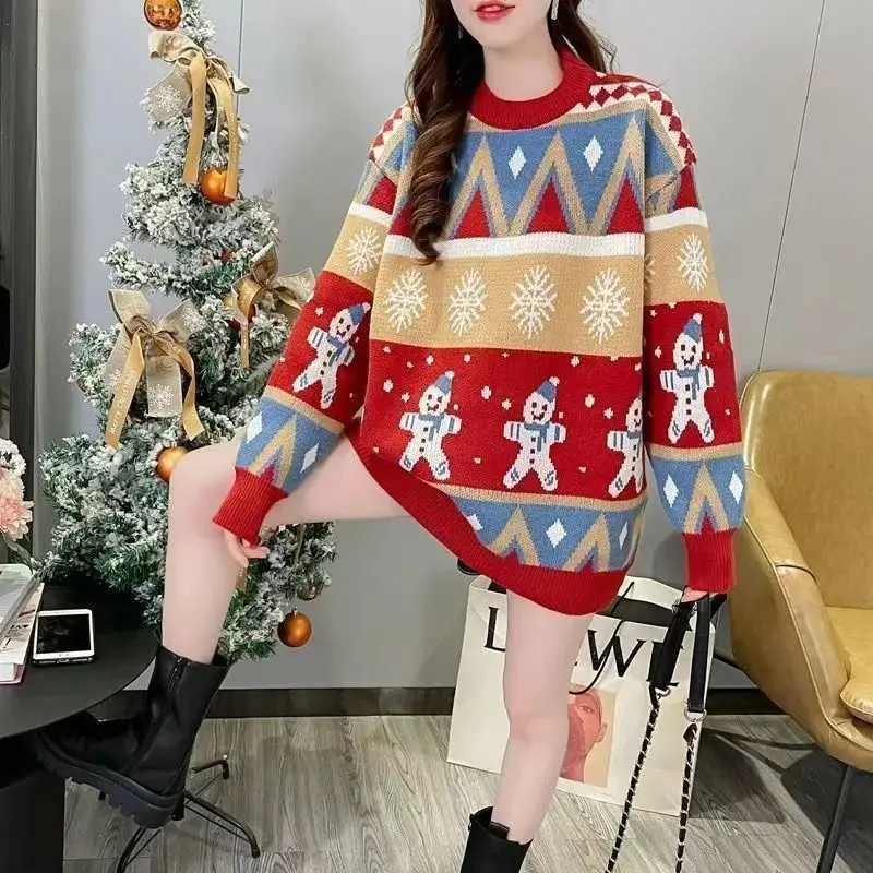 Autumn Winter New Christmas Knitted Pullovers Women Fashion Jacquard Loose O-neck Thick Sweaters Vintage Chic Knitwear Tops