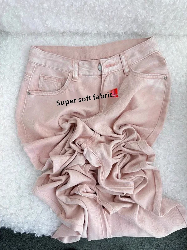 Pink Slim Fit Lyocell Denim Jeans Women Summer Thin New Pear Shape Slimming Ice Silk Wide Leg Pants High Waist Cleanfit Style