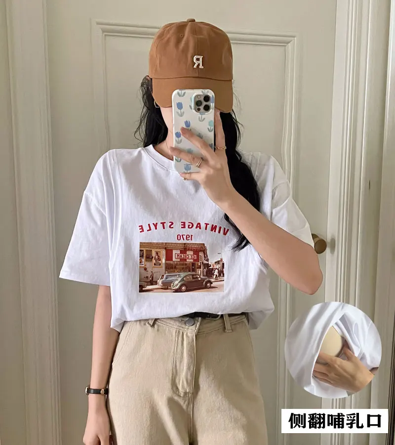 

Retro Printed Cotton Maternity Nursing Tees Breastfeeding t shirts for Pregnant Women Summer Pregnancy T-shirt Tops Streetwear