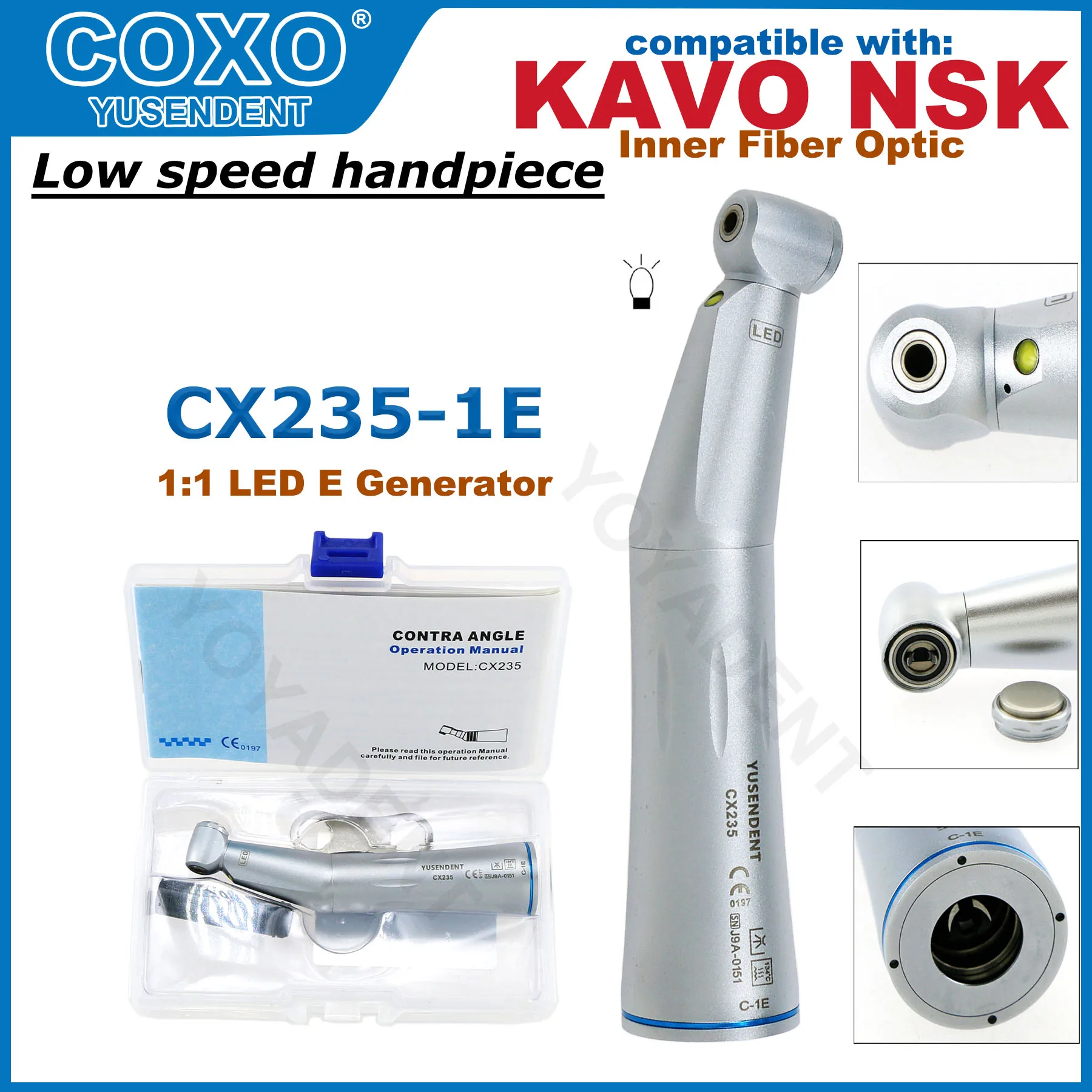 

COXO CX235 1:1 Dental LED Low Speed Handpiece E Generator Contra Angle Handpiece Internal Water Spray E Type Fit NSK KAVO