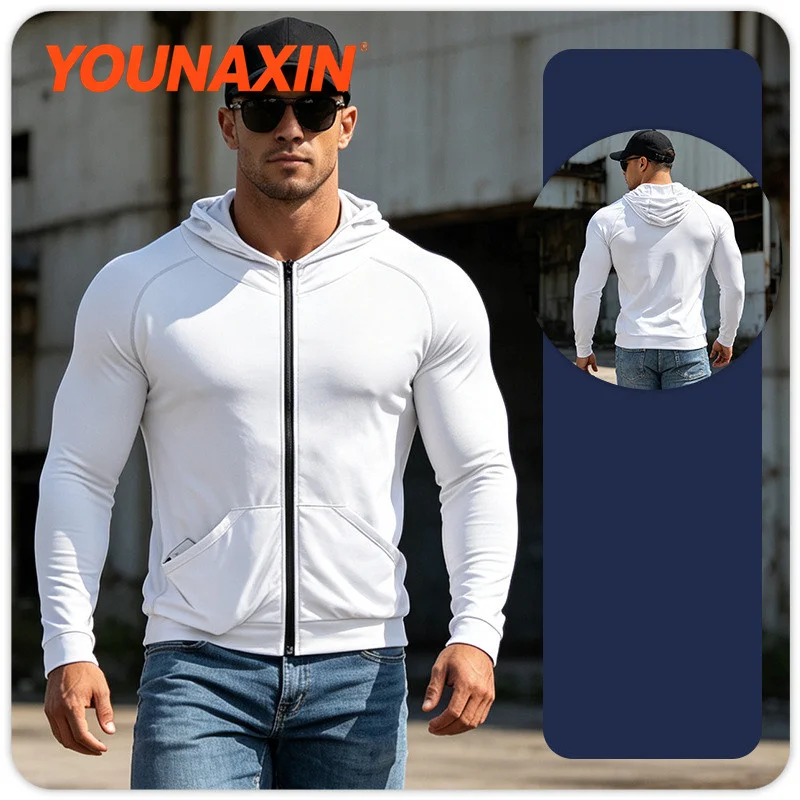 Men’s Tight-Fitting Long-Sleeved Quick-Dry Hooded Jacket Yoga Running Basketball Training Fitness Clothing M-3XL YOUNAXIN